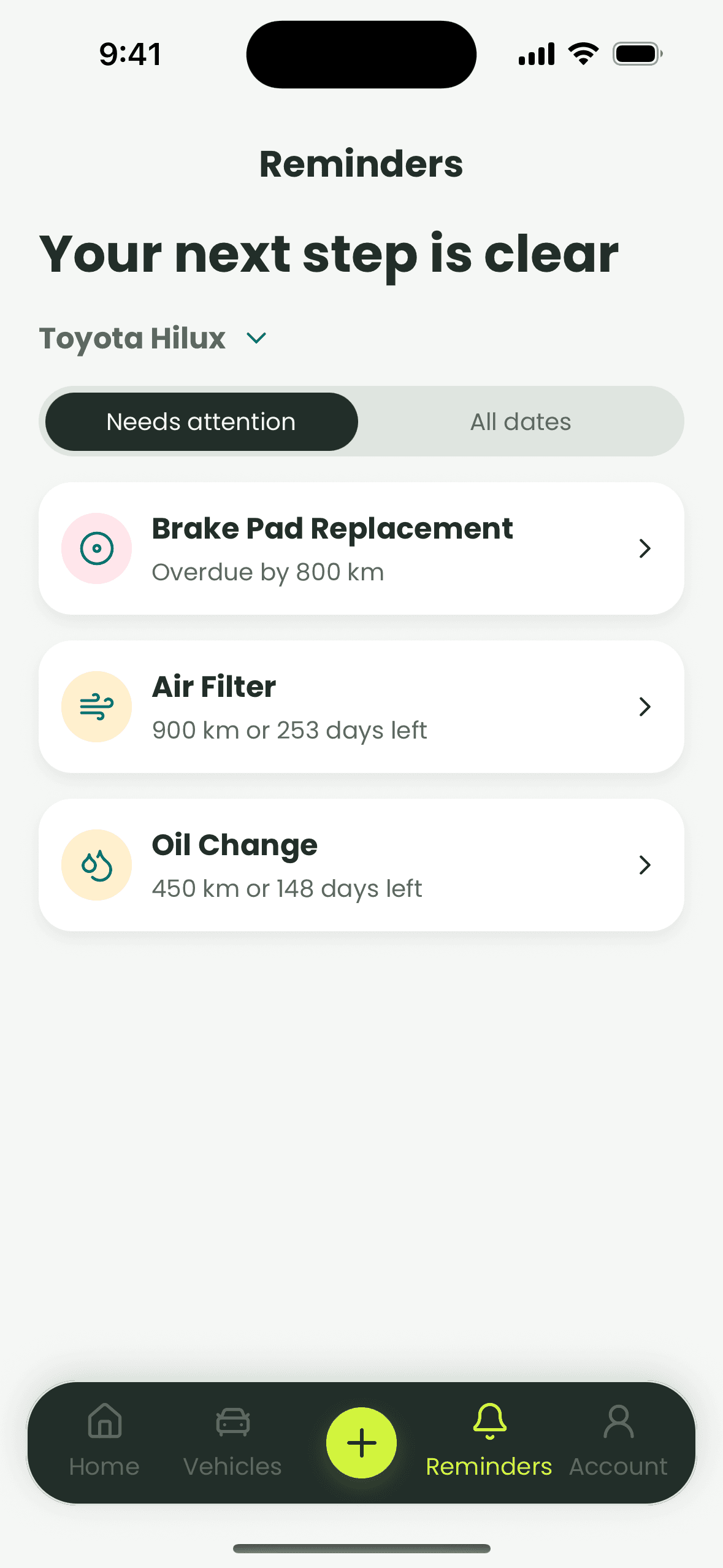 The maintenance schedule screen