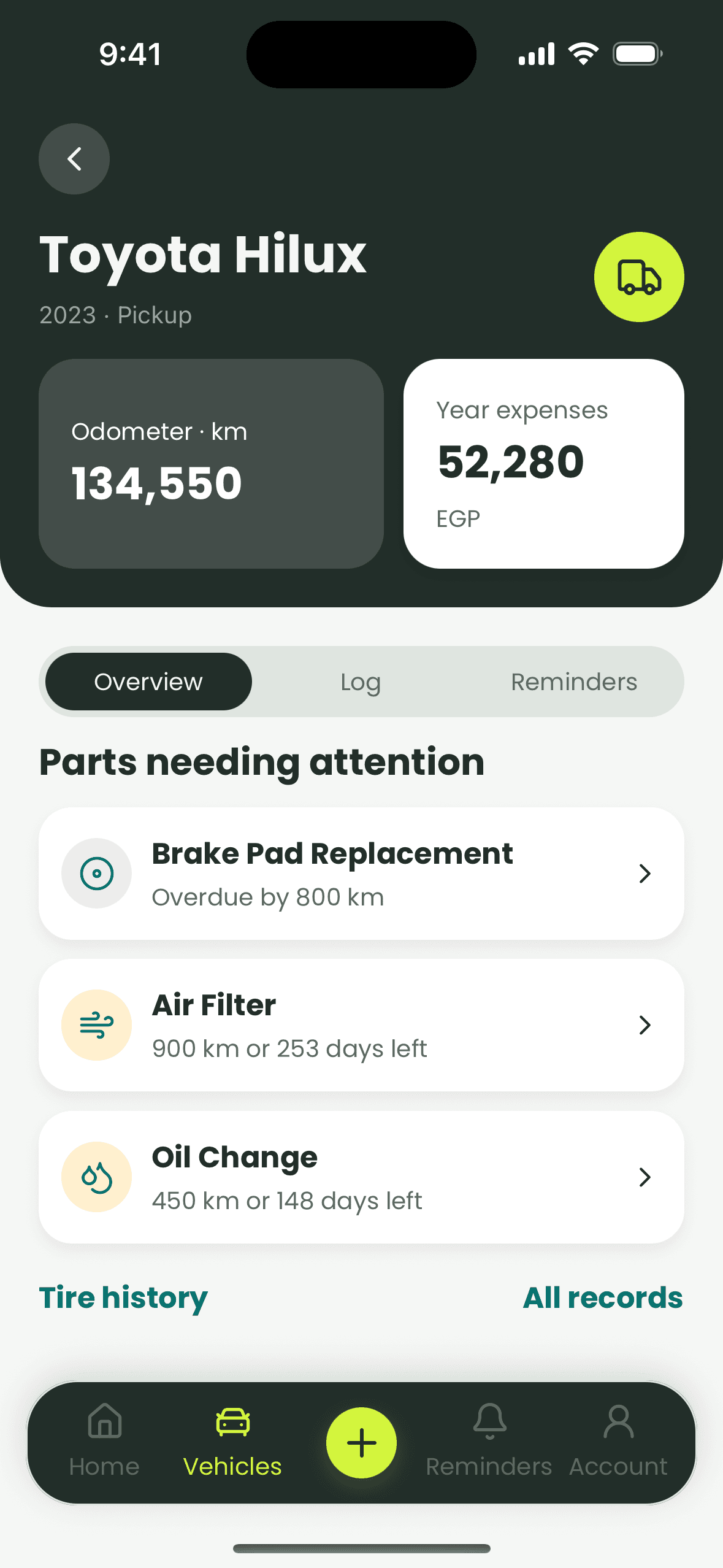 A vehicle in the Bestim app: odometer, this year's expenses and the parts that need attention